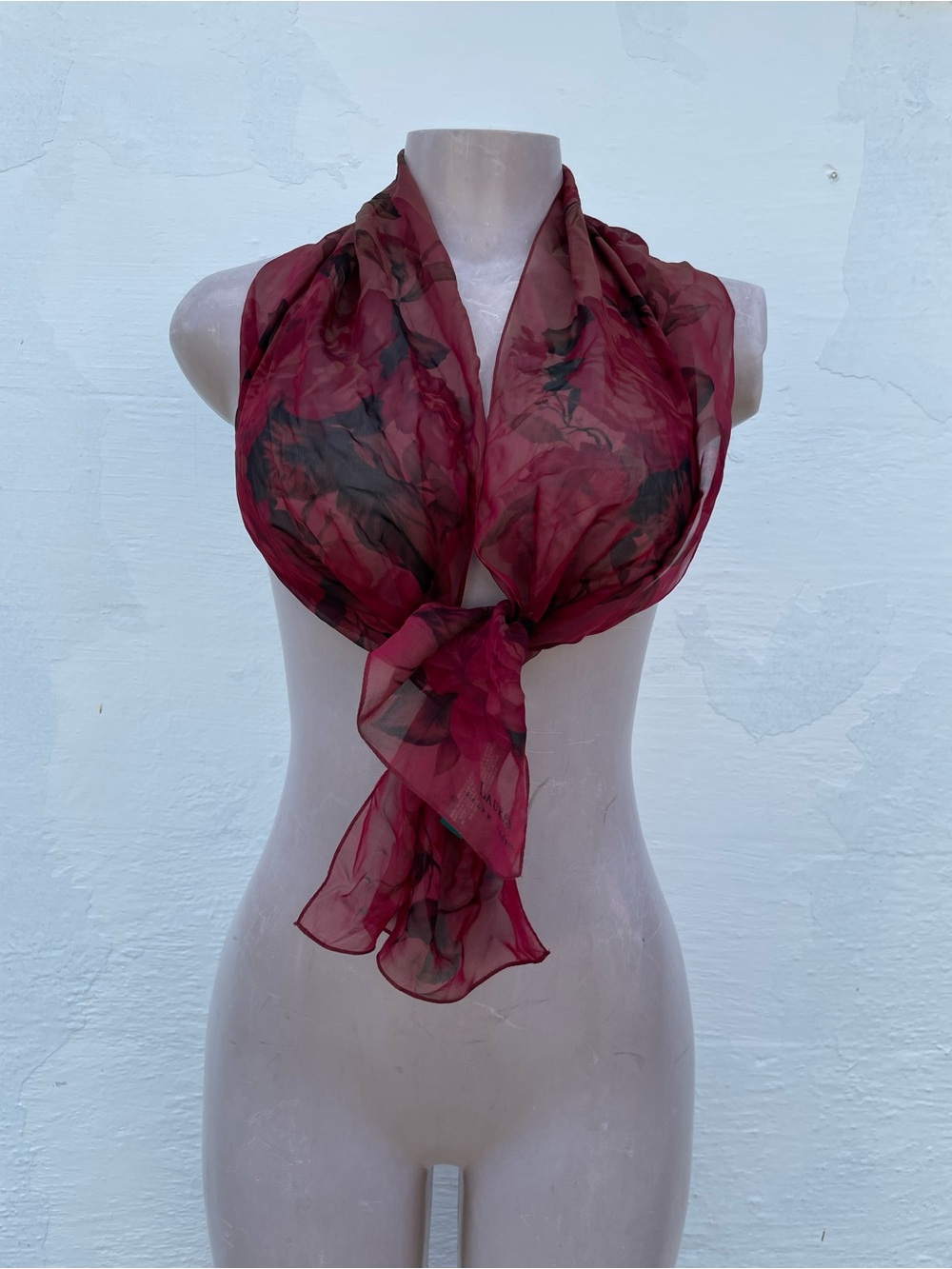 Lauren Ralph Lauren Burgundy Sheer Floral Scarf with Black Accents